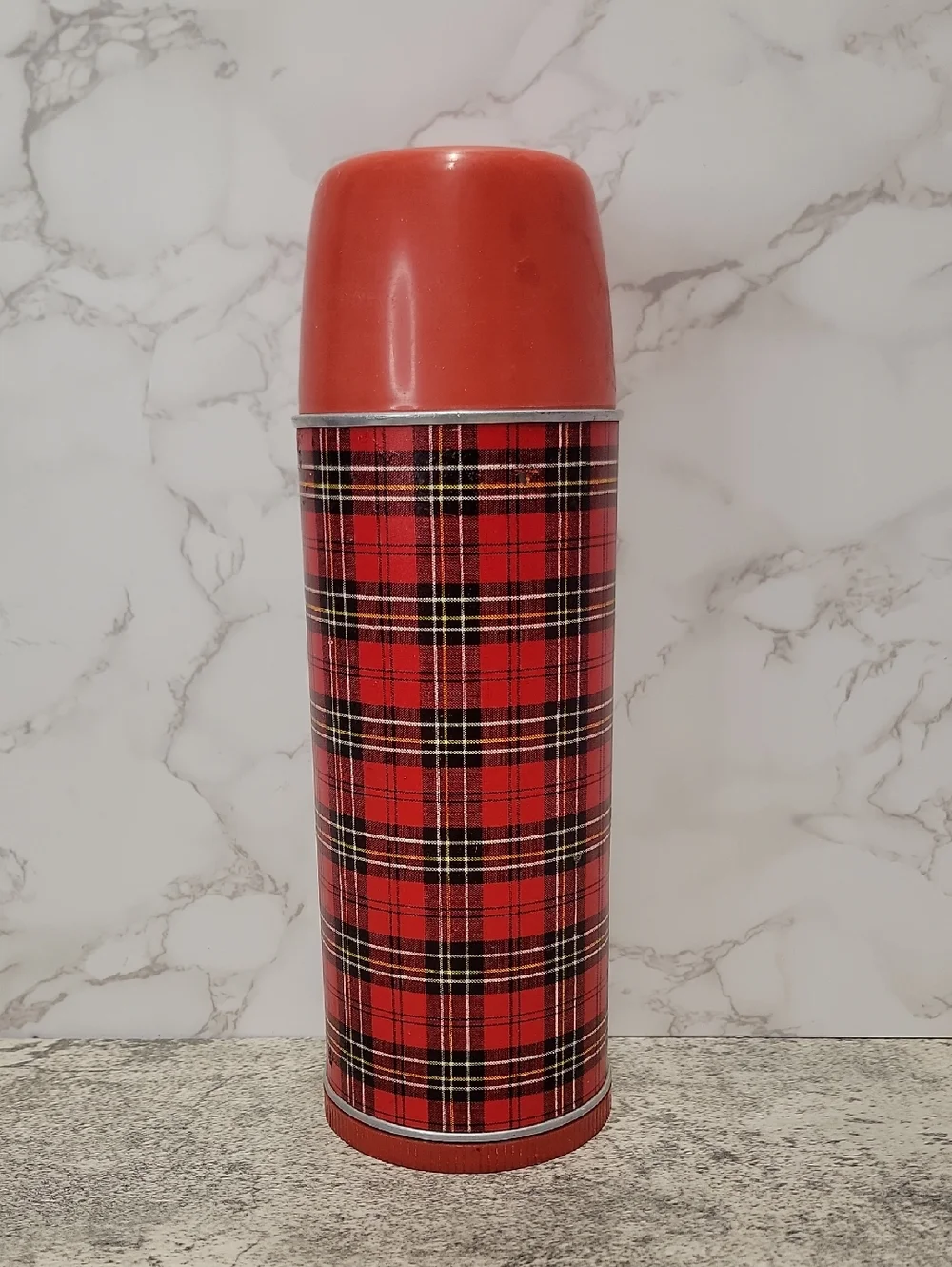 Vintage Aladdin's Red Plaid Thermos Classic Full Size Retro Bottle